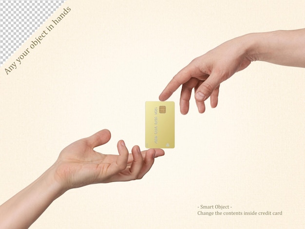 Hands hold bank card mockup isolated for editing