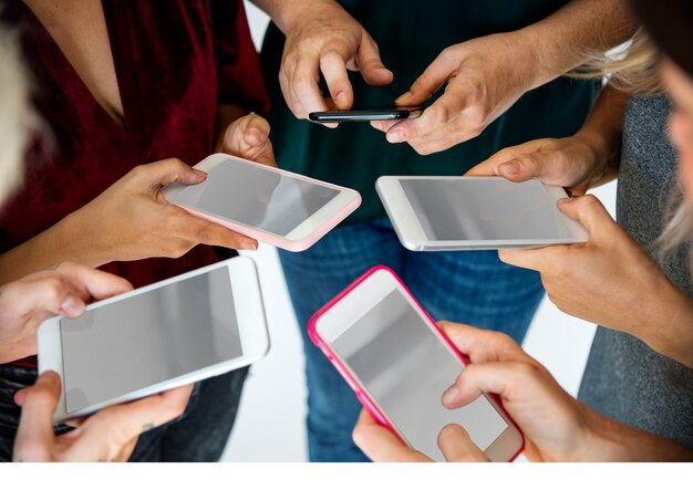 hands hold blank mobile phone together copy space