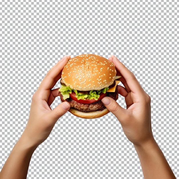 Hands hold a burger isolated on transparent background