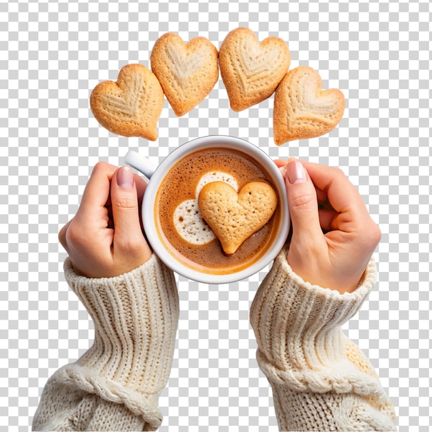 PSD Руки, держащие чашку горячего шоколада с печенье в форме сердца на прозрачном фоне