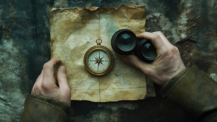 PSD hands holding compass binoculars and antique map