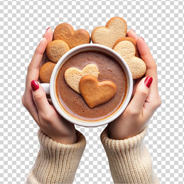 hands holding a cup of hot chocolate with heart shape cookies transparent background