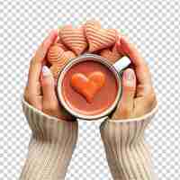 PSD hands holding a cup of hot chocolate with heart shape cookies transparent background