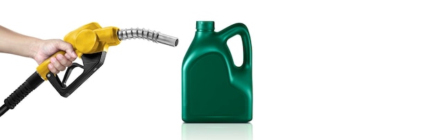 PSD hands holding fuel nozzle and bottle of engine oil transparent background