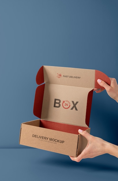 PSD hands holding mailing box mockup