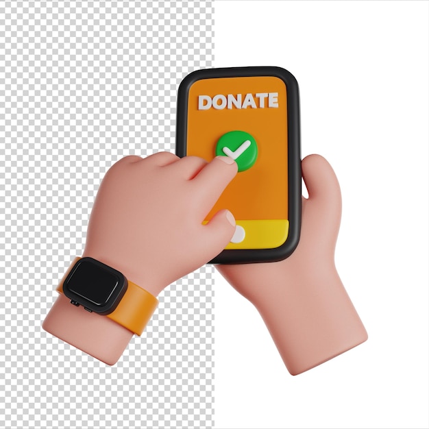 Hands holding a phone and donating money online financial support 3d render icons