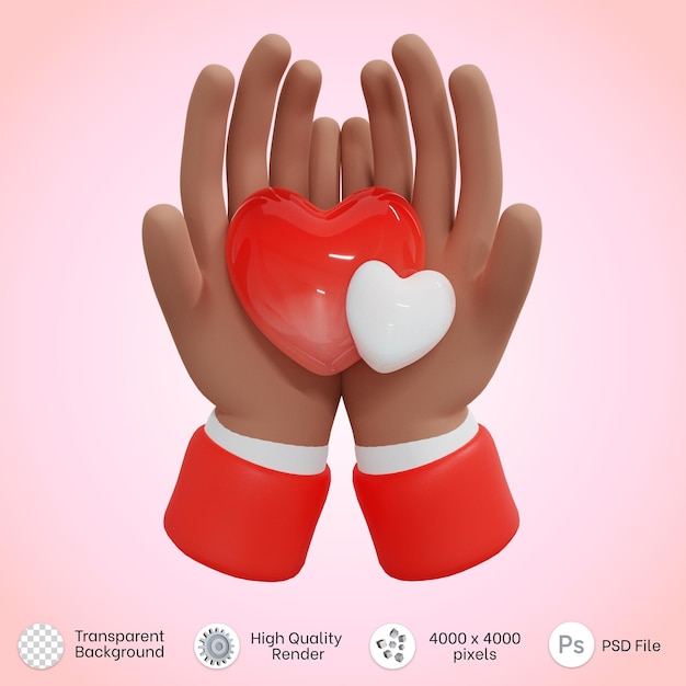 PSD hands holding red and white heart icon in 3d rendering