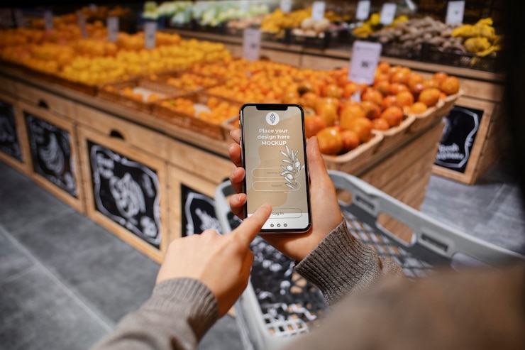 PSD hands holding smartphone in supermarket