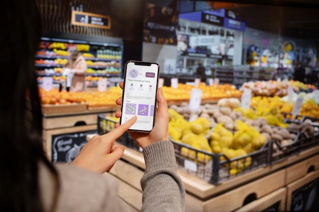 PSD mani che tengono lo smartphone nel supermercato