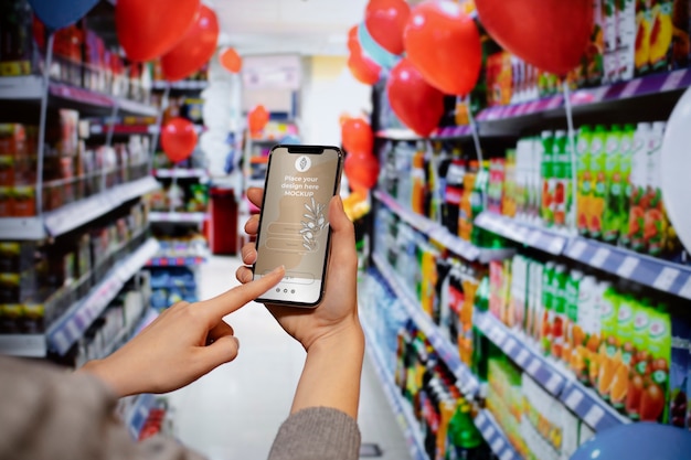 Hands holding smartphone in supermarket