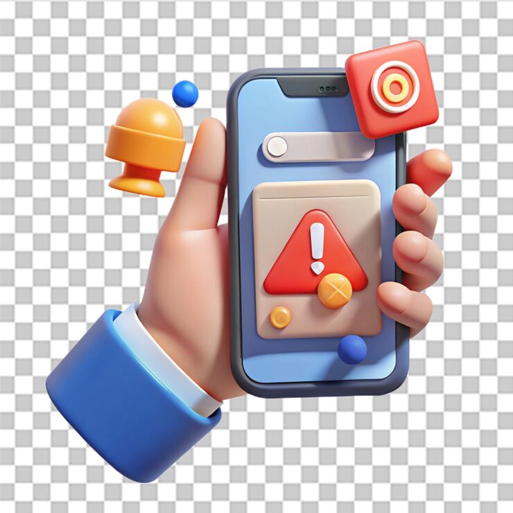 PSD 스 데이터의 경고와 함께 스마트폰을 들고있는 손: 안전하지 않은 연결 바이러스 사기 위험 오류 경고 스마트폰 바이러스 문제 또는 안전하지 않은 메시지 스 문제 화면에 알림