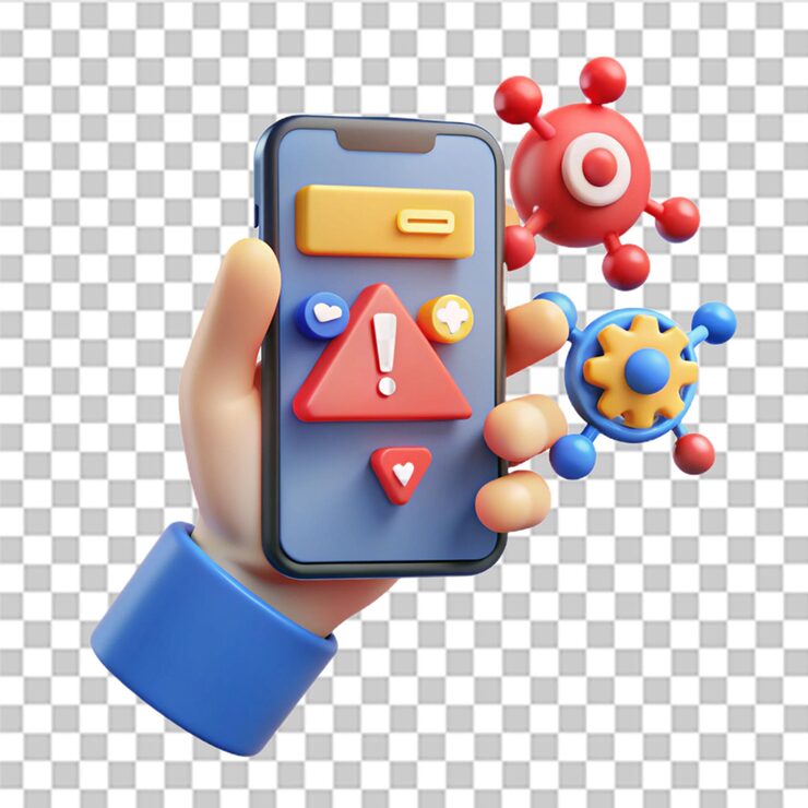 PSD 手持智能手機與警告警告垃圾郵件數據不安全的連接病毒詐騙危險錯誤警報智能手機病毒問題或不安全的訊息垃圾郵件問題螢幕上的通知