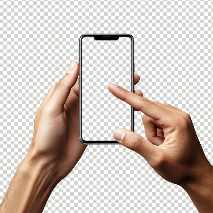 PSD hands holding smartphone with blank screen on transparent background