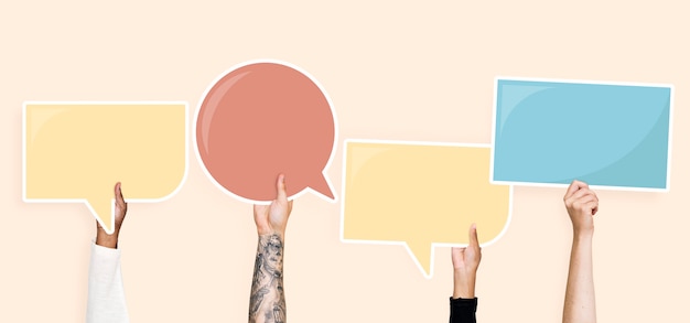 Hands holding speech bubble graphics