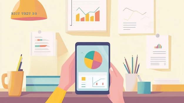 Hands holding tablet displaying charts and graphs on desk with office supplies and data visualizations
