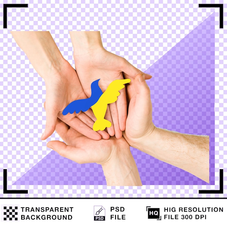 PSD hands holding ukrainian dove symbolizing peace and support