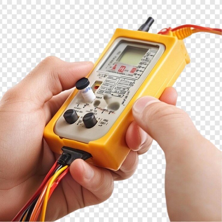 PSD hands holding yellow digital multimeter testing wires