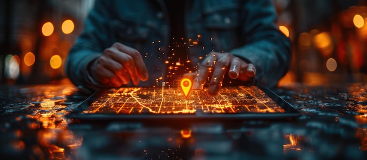PSD hands interacting with a digital map
