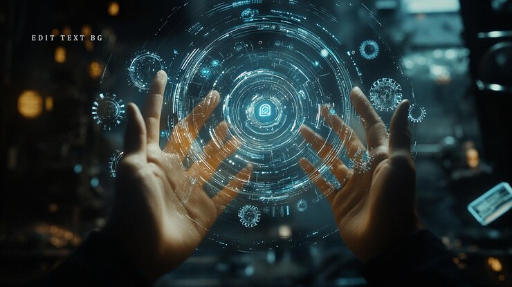 PSD hands manipulating a futuristic holographic security interface