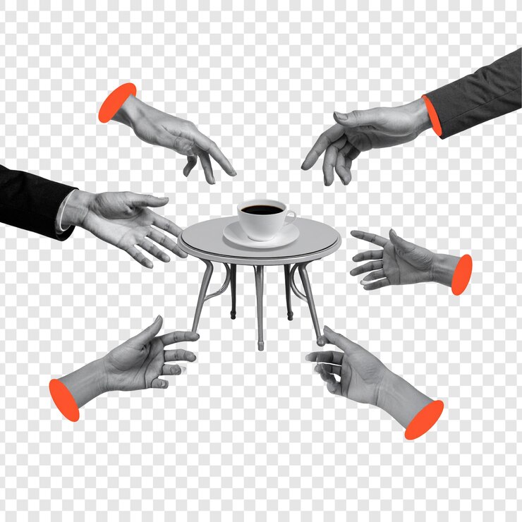 PSD hands reaching for central object grayscale graphic design