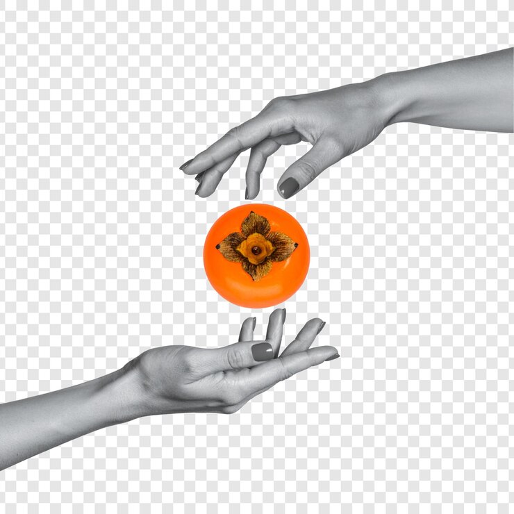 PSD hands reaching for persimmon grayscale and orange fruit
