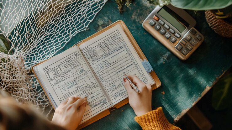 PSD hands reviewing financial records in a ledger
