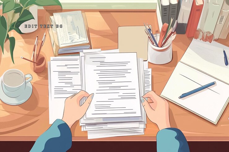 PSD hands reviewing paperwork on a desk with books pens and coffee