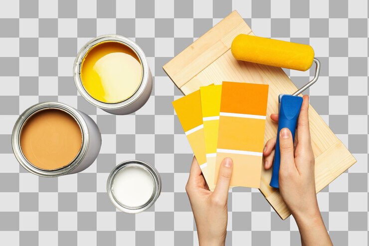 PSD hands selecting samples with cans and a roller isolated on white png