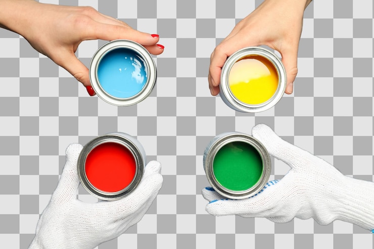 PSD hands show cans of blue yellow red and green paint isolated on white png