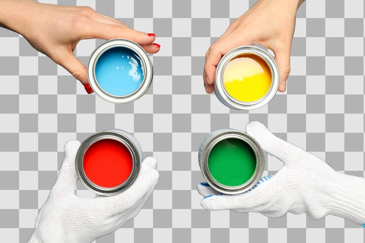 PSD hands show cans of blue yellow red and green paint isolated on white png