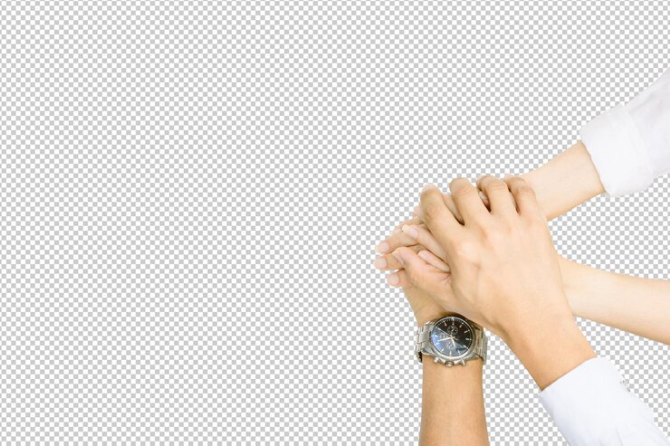 PSD hands showing unity and teamwork clasped cooperation top view of people putting their hands