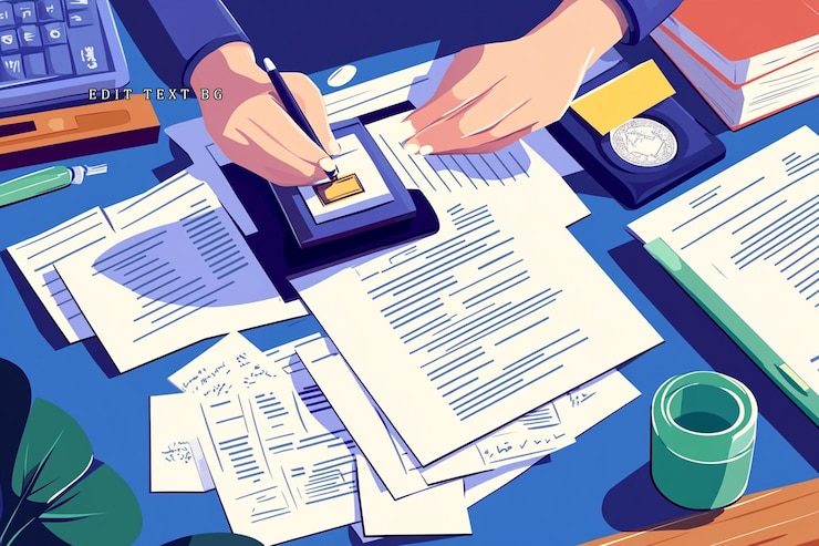 PSD hands signing document on tablet amidst paperwork calculator and office supplies on desk