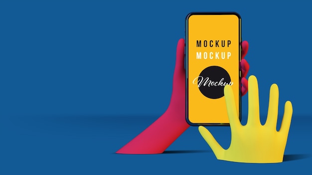 Mani che toccano il rendering 3d di mockup dello schermo dello smartphone