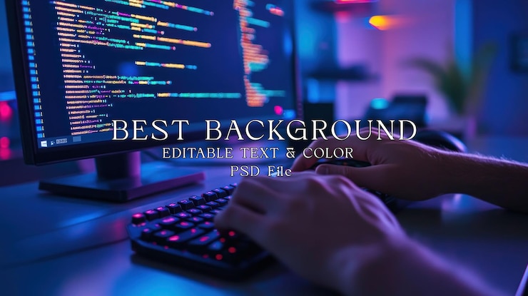 PSD hands typing code on a keyboard in a dark room