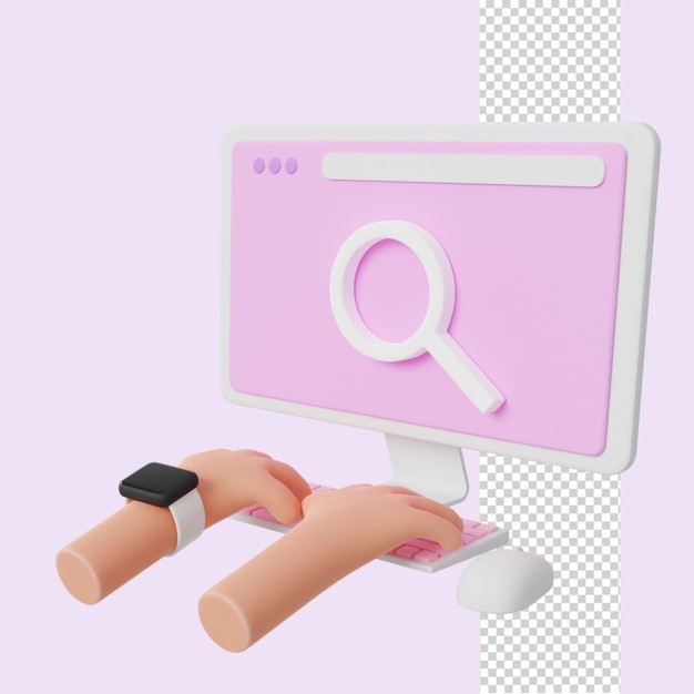 PSD hands typing in front of the computer 3d render illustration