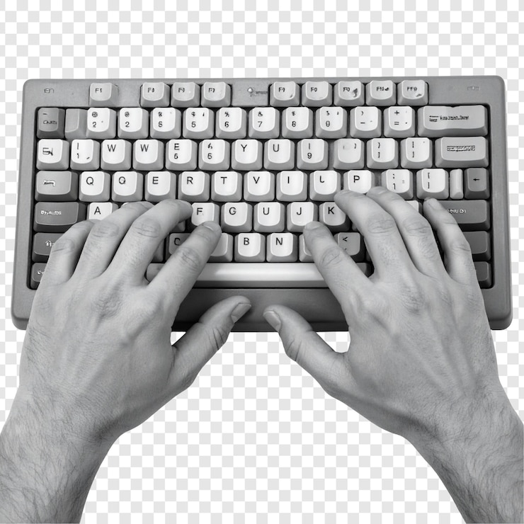 PSD hands typing on a keyboard grayscale image