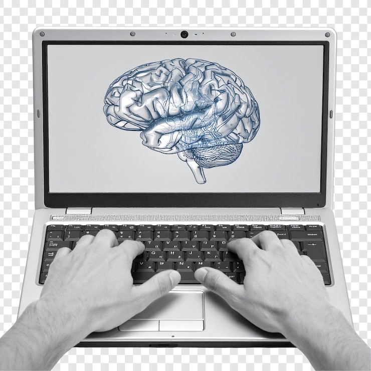 PSD hands typing on laptop with brain image on screen