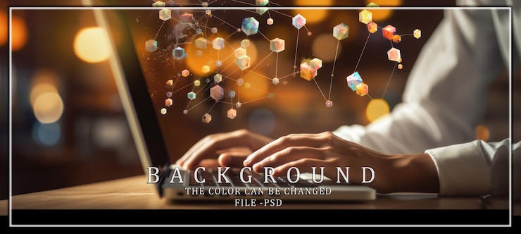 PSD hands typing on laptop with network connection visualization