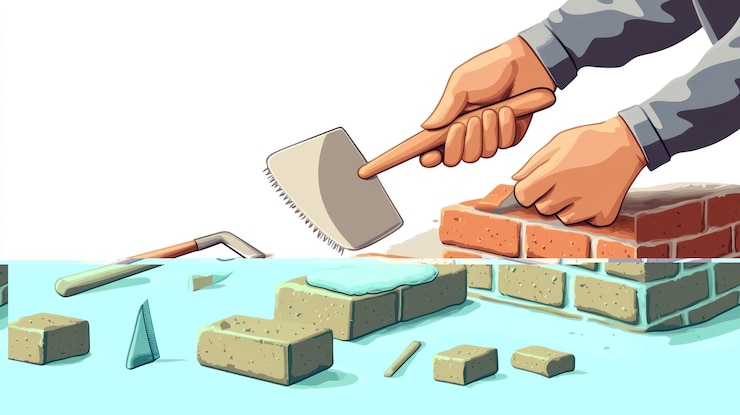 PSD hands using trowel and hammer laying bricks