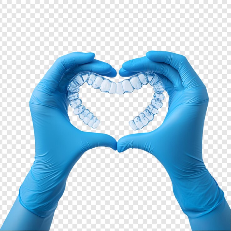 PSD hands with gloves holding clear aligners in heart shape isolated on a transparent background