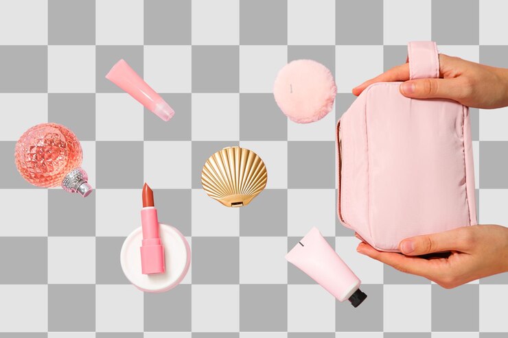 PSD hands with a pink bag and makeup isolated on white png
