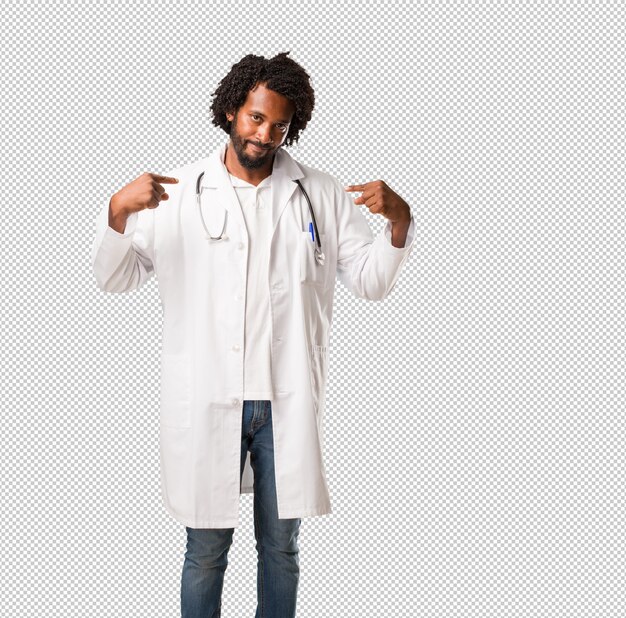 Handsome african american medical doctor proud and confident, pointing fingers, example to follow, concept of satisfaction, arrogance and health