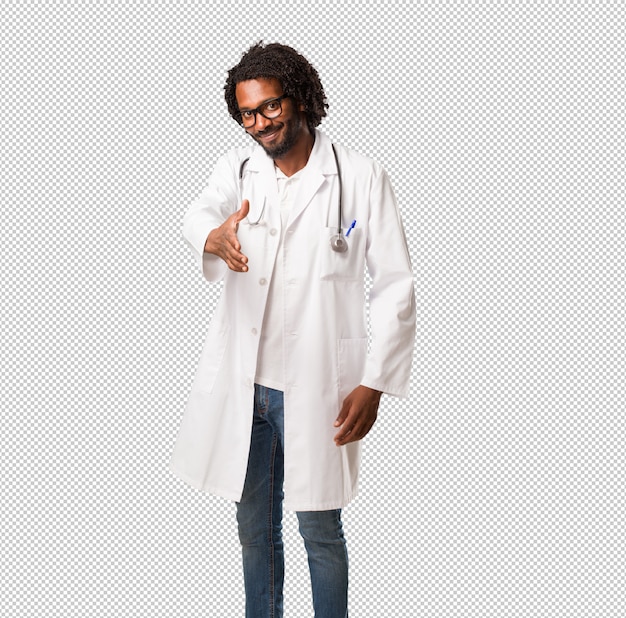 PSD handsome african american medical doctor reaching out to greet someone