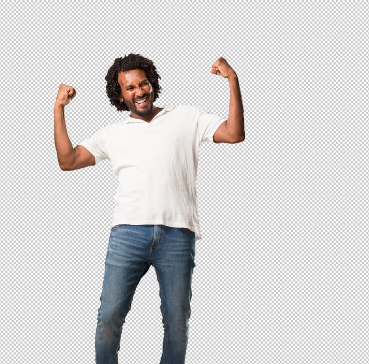 PSD handsome african american very happy and excited, raising arms, celebrating a victory or success, winning the lottery