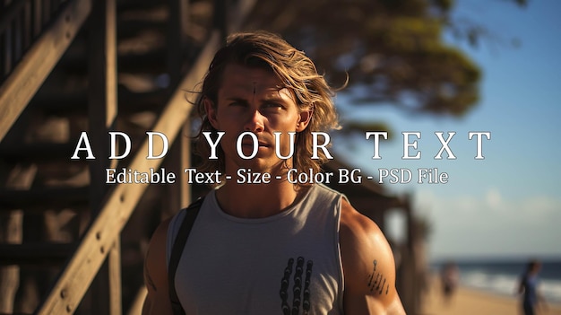 PSD un bellissimo attraente atletico muscoloso australiano biondo dai capelli lunghi surfista