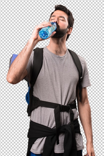 PSD handsome backpacker with a bottle of water