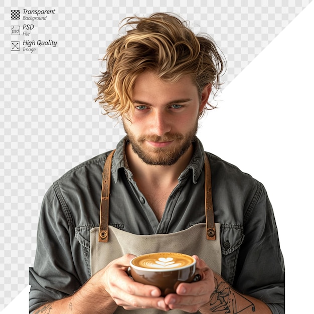 PSD un bel barista che offre caffè con latte art