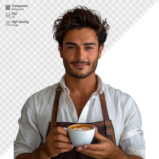 PSD un bel barista che presenta una tazza di cappuccino con un sorriso