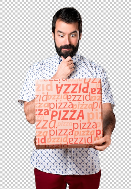 PSD uomo castana bello con la barba che tiene una pizza