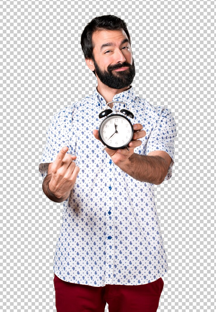 PSD handsome brunette man with beard holding vintage clock